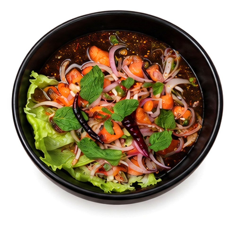Spicy Fried Salmon Salad with Herbs น้ำตกปลาแซลมอนทอด