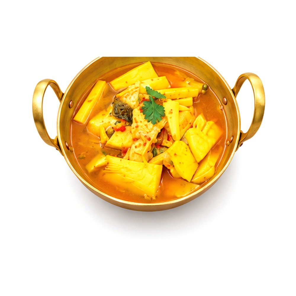 Sea Bass & Coconut Shoot in Spicy Yellow Curry แกงเหลืองยอดมะพร้าวอ่อนปลากะพง
