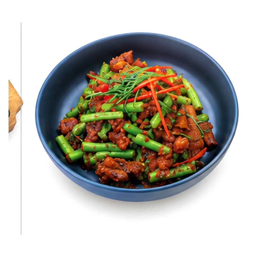 Crispy Pork Belly and French Beans in Pril-Khing Curry หมูกรอบผัดพริกขิง