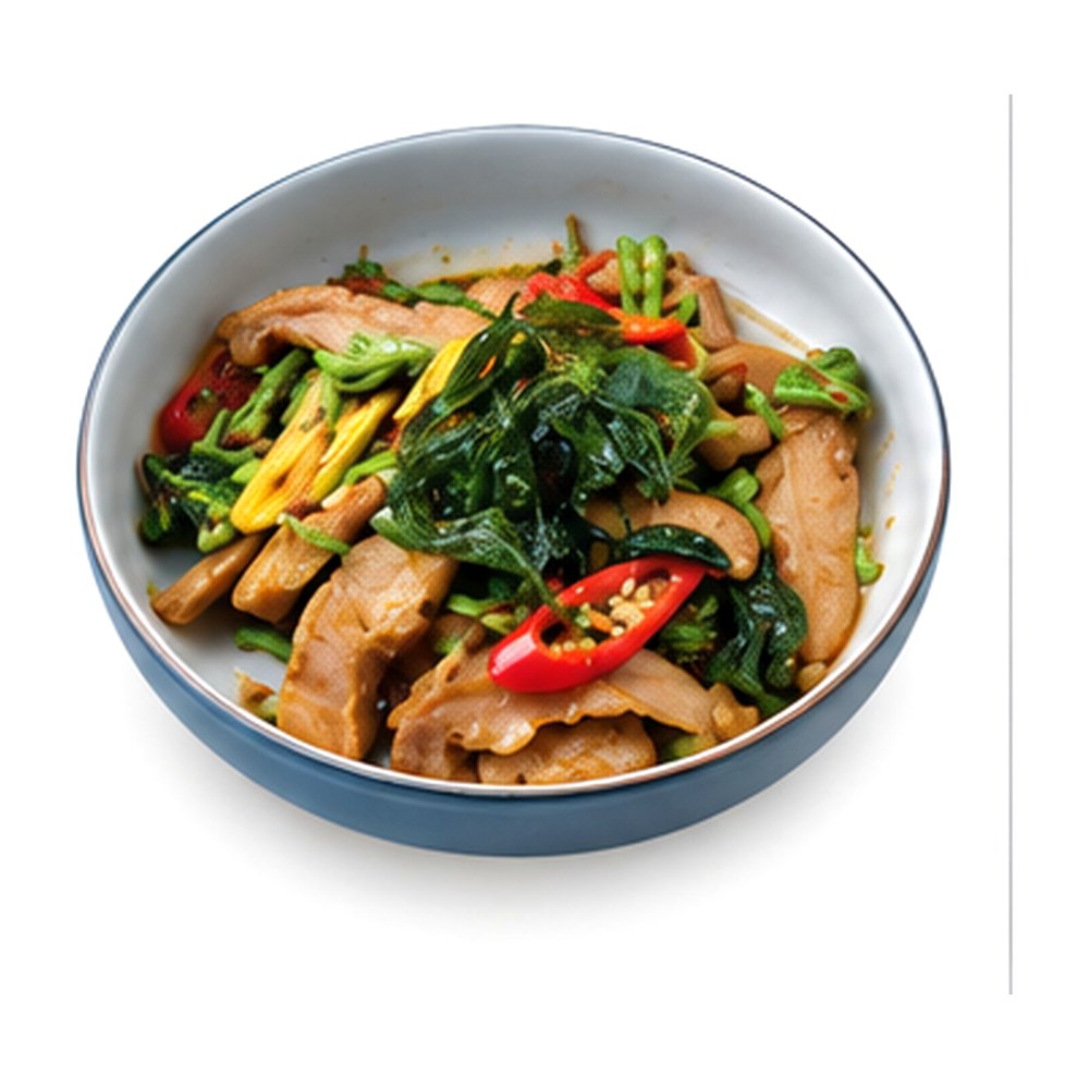 Stir-Fried Cowslip Creeper&Pork Shoulder with Chili and Basil กะเพราดอกขจรใส่คอหมูย่าง