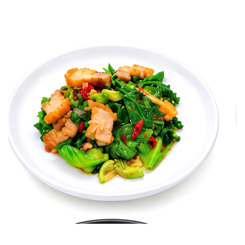 Stir-Fried Choy Sum with Crispy Pork Belly ผัดแขนงหมูกรอบ