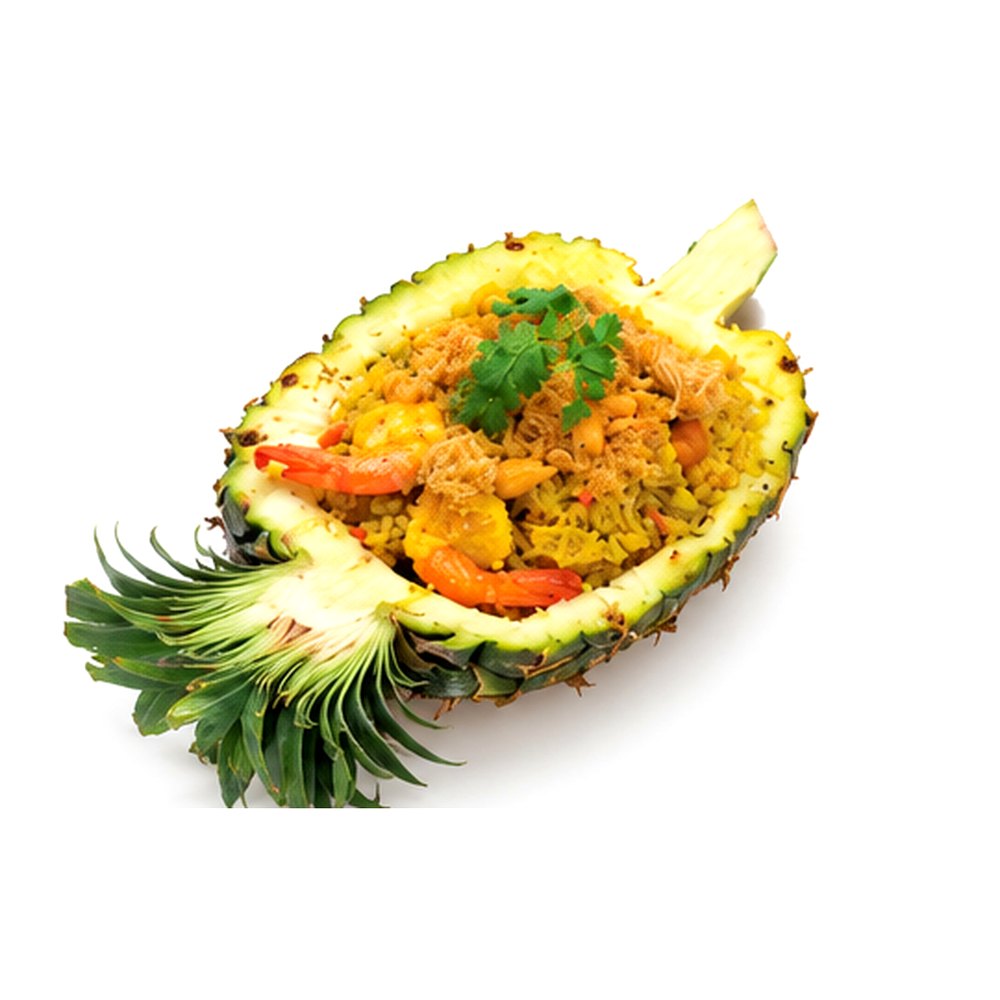 Pineapple Fried Rice with shrimps, chicken, cashew nuts topped with Baan-Ying's shredded pork ข้าวผัดสับปะรด