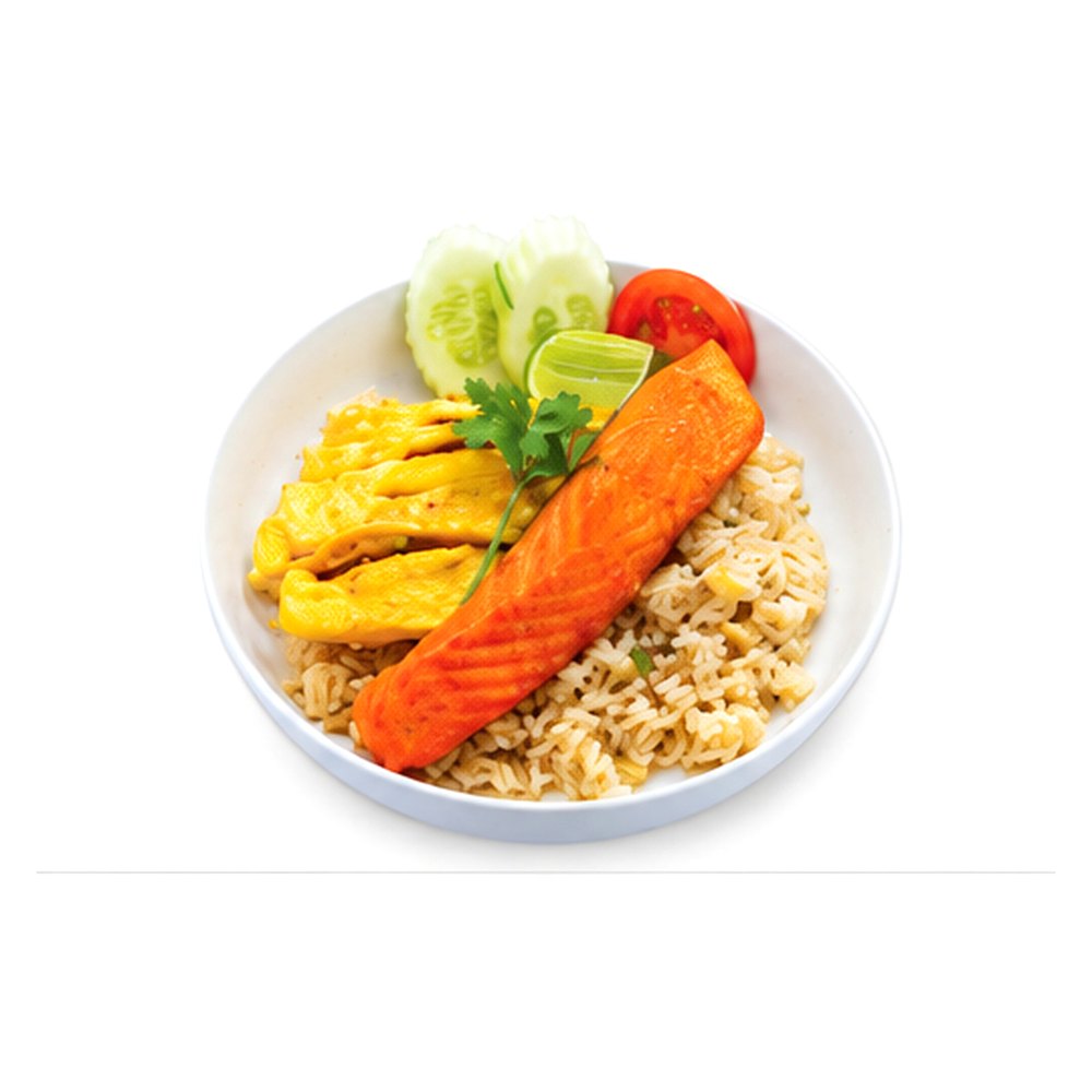 Garlic Fried Rice Served with Deep-Fried Salmon ข้าวผัดกระเทียม+ปลาแซลมอน