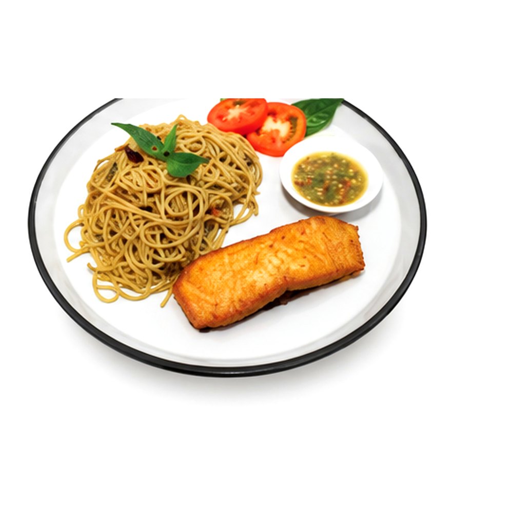 Spaghetti with basil, chili and fried saimon fillet สปาเกตตีปลาแซลมอน