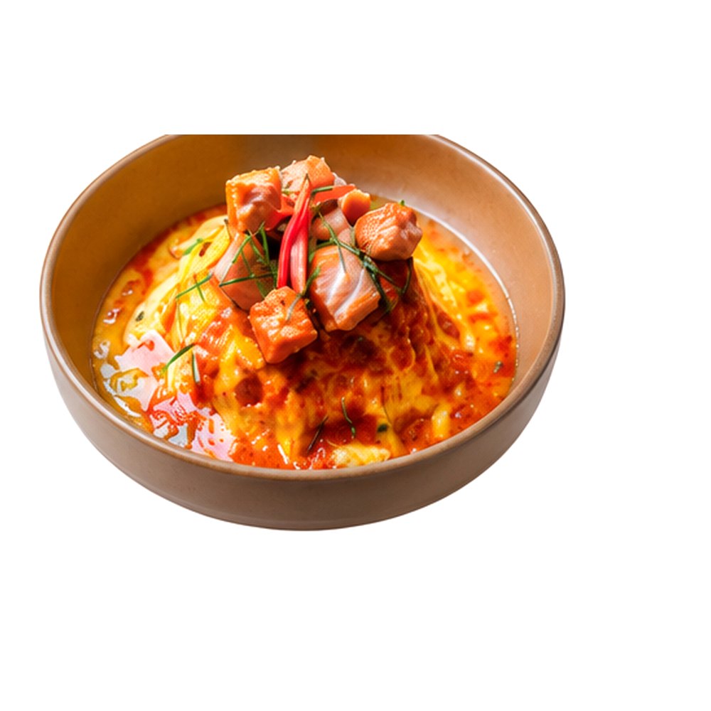 Omelette Rice with Fried Salmon & Chu Chee Curry Sauce ข้าวไข่ข้นฉู่ฉี่ปลาแซลมอน